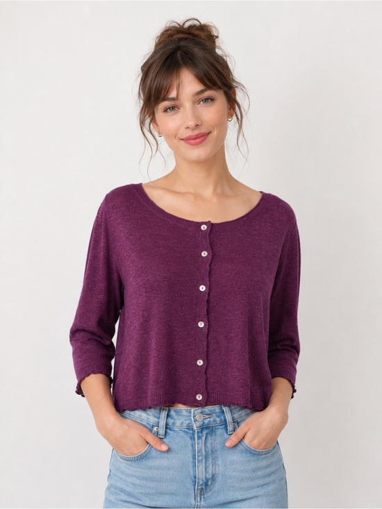 Eileen Fisher Sweaters - Eileen Fisher Linen & Cotton Purple Crop 3/4 Sleeve Classic Buttoned Cardigan